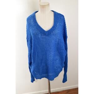 Free People Lulu Oversized Sweater Womens XS Blue V Neck Sheer Alpaca Wool